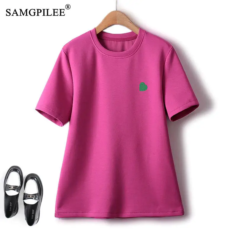 

2023 Summer New Cotton Oversized T-shirt Women's Embroidered Peach Heart Color Short-sleeved Sweet Beauty Y2k Tops 4XL