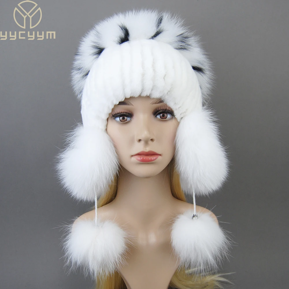 

Elastic Knitted Rex Rabbit Fur Beanies Handmade Real Fur Hat with Fox Fur Ears Genuine Fur Snow Cap Bonnets for Women Designer