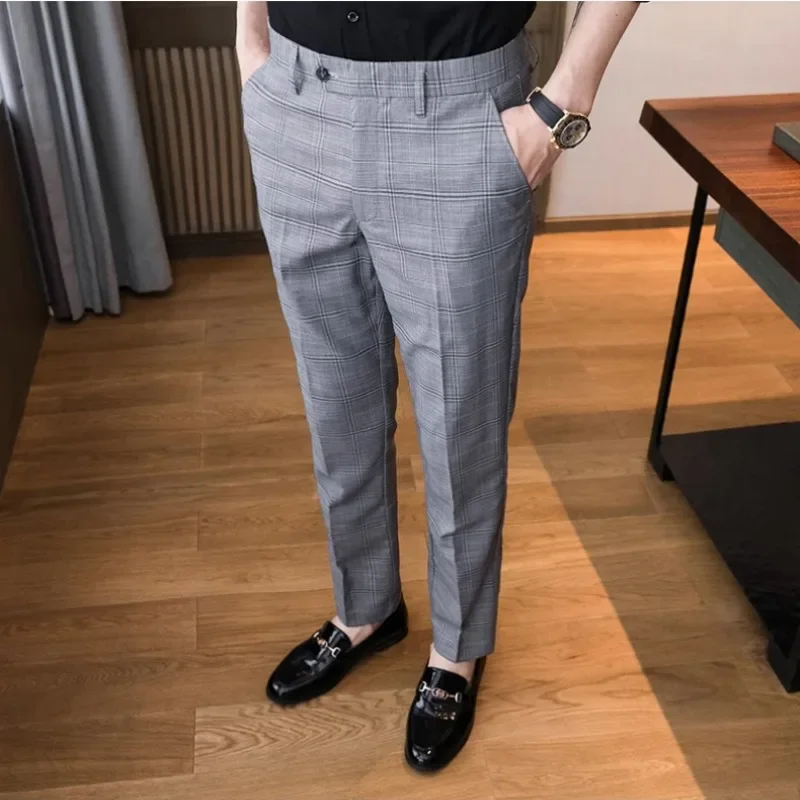 Men's Casual Pants Straight Office Check Male Trousers Autumn Winter Pocket Slim Fit Plaid Business Tailoring Cheap Fashion 2024