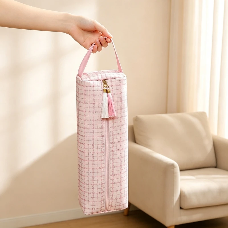 X5XA Hair Styling Tool Carry Case with Gingham Polyester Fabric, Large Capacity, Practical Construction and Zipper for Travel