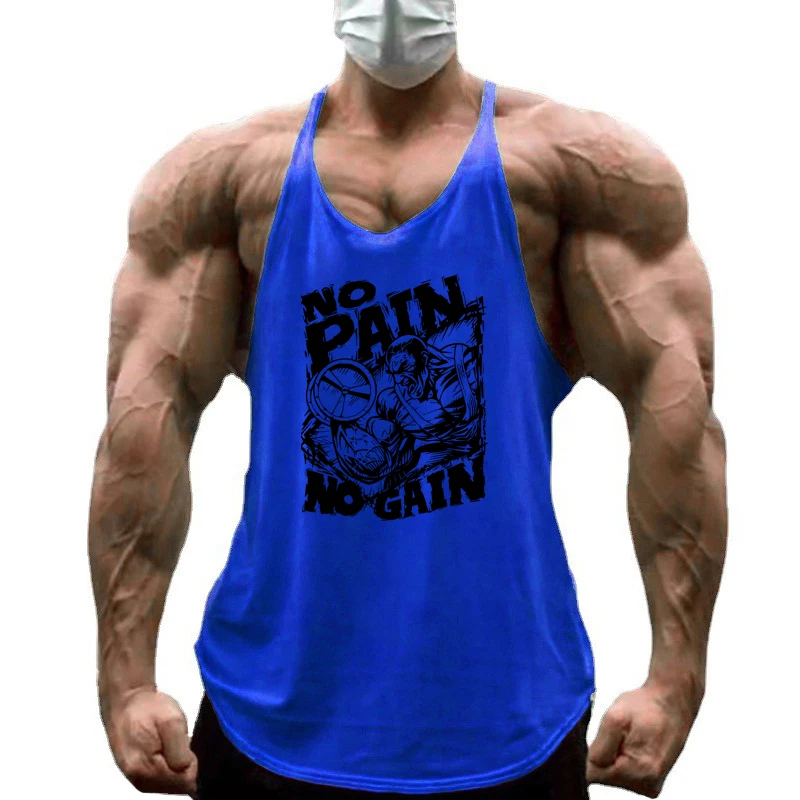 NO PAIN NO GAIN Print Gym Fitness T-Shirt Mens Bodybuilding Sport Sleeveless Vests Cotton Breathable Y-back Suspenders Tank Tops