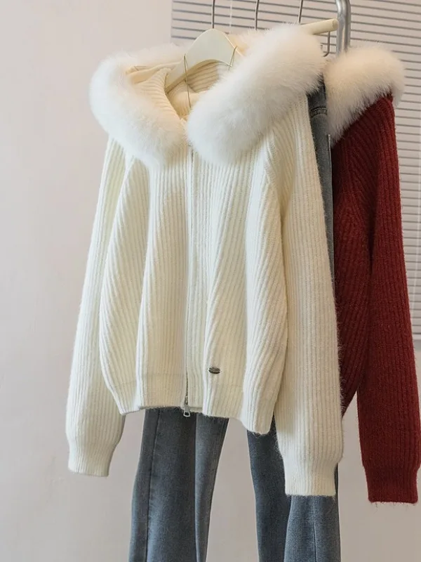 

Large Size Women's Knitted Cardigan with Fur Collar And Hood Double Zipper Sweater Jacket Spring 2026 Early New Style