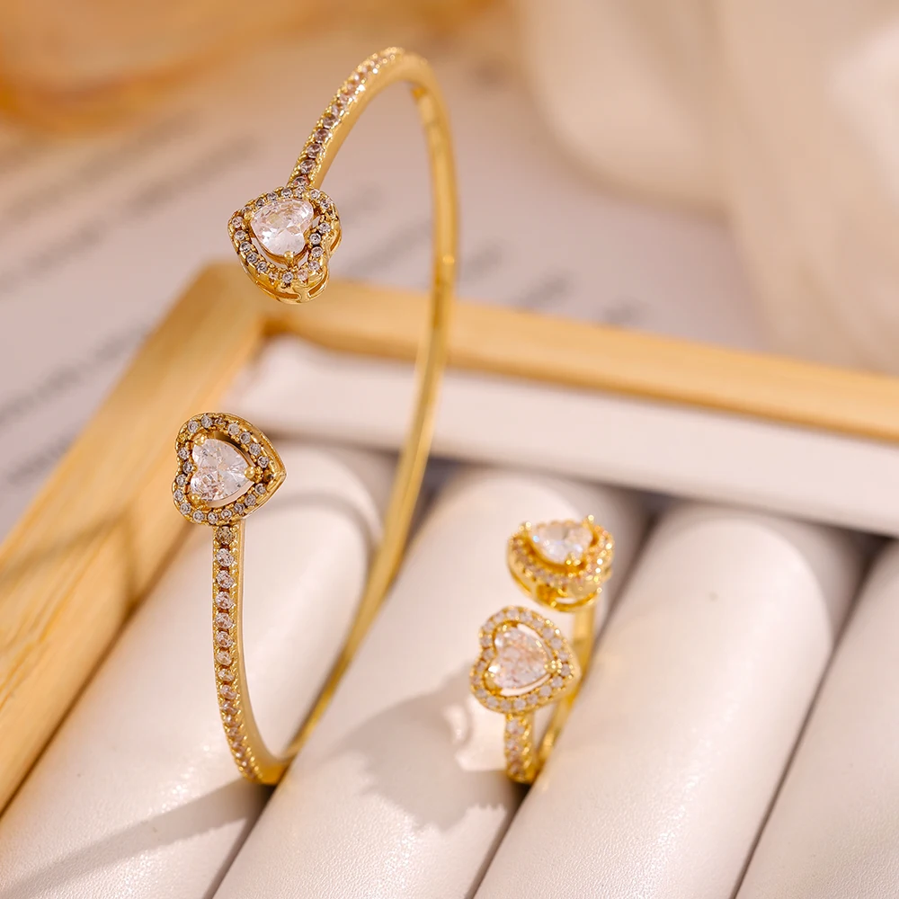 ZAKOL Exquisite Shiny Cubic Zirconia Heart Cuff Bracelet Ring Set for Women Micro Paved CZ Wedding Jewelry Accessories Gift