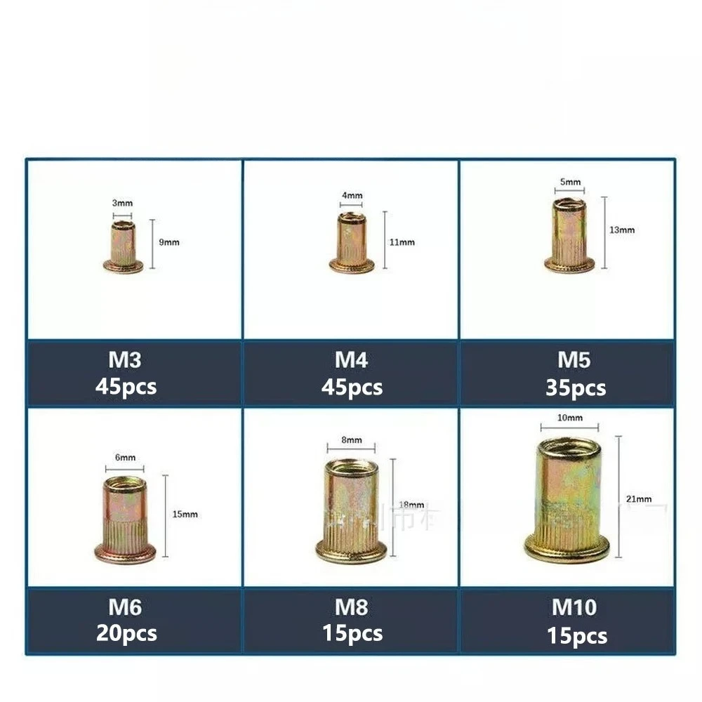 175Pcs Boxed Flat Vertical Grain Rivet Nut M3-M10 Color Zinc Plated Carbon Steel Blind Rivnut Set