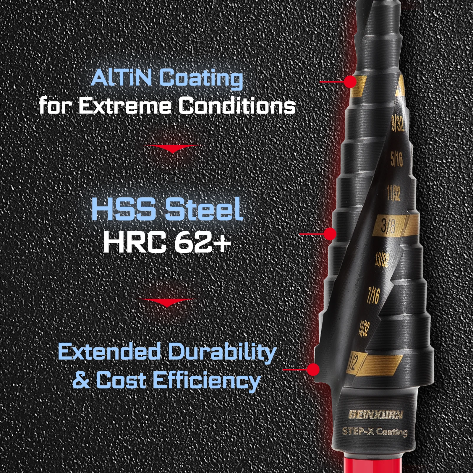 Geinxurn 1/8"-1/2" Titanium Step Drill Bit Set, Spiral Flute Fast Chip Removal & Quick Release Shank for Metal, Wood, Plastic