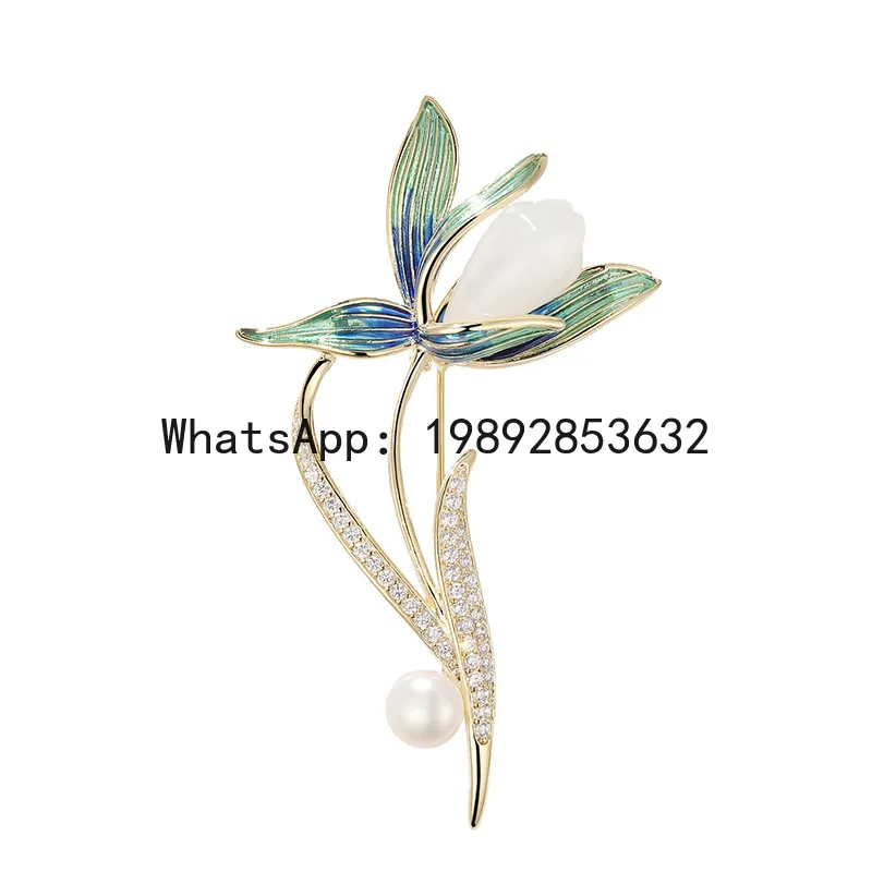 XZ high-grade Magnolia brooch enamel freshwater pearl flower pin elegant
