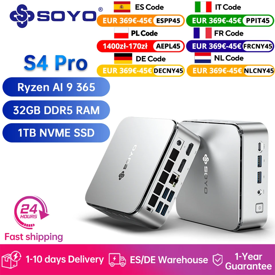 SOYO S4 Pro Mini PC AMD Ryzen AI 9 365 (up to 5.0GHz 10C/20T) 32G
