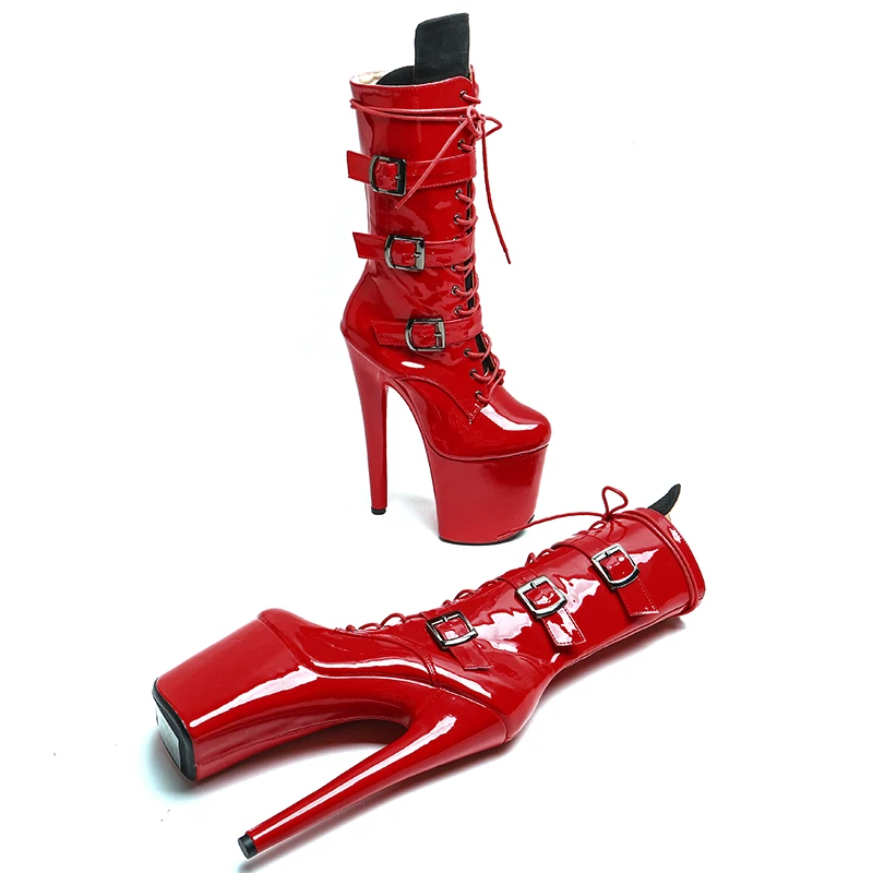 Leecabe 20CM/8inches Patent Upper Red with Black Suede Fashion Trend Platform High Heel Stripper Heel Pole Dance Boot