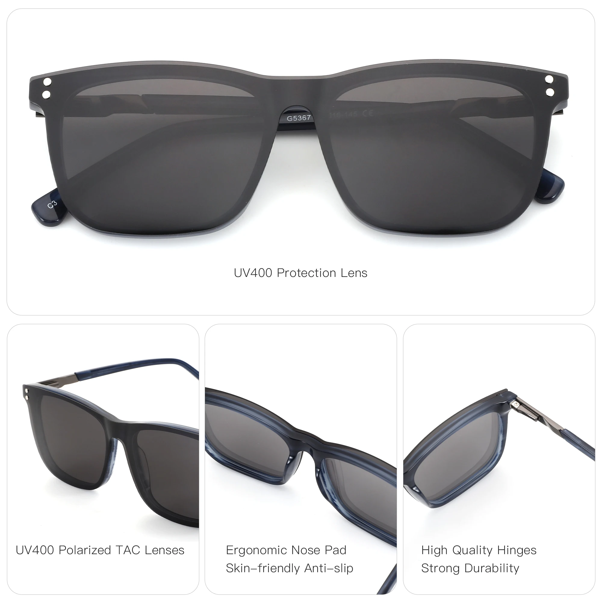 BLUEMOKY (مقاس L) نظارات طبية مربعة للرجال من الأسيتات، إطار مستقطب للنظارات الشمسية، عدسات تصحيح قصر النظر التقدمية #6