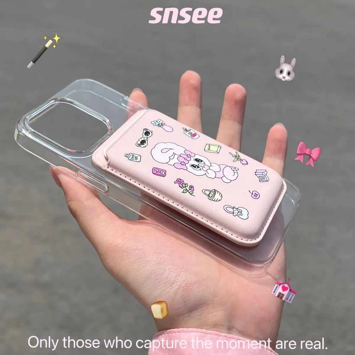 Grey Pink Rabbit for Magsafe Card Holder for iPhone XIAOMI Samsung Phone Case Leather Card Cover ID Subway Card Slot Accessories