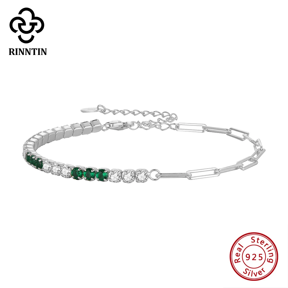 Rinntin 925 Sterling Silver 3mm Round White&Green CZ Tennis Chain with PaperClip Chain for Women Bracelets Jewelry SB177