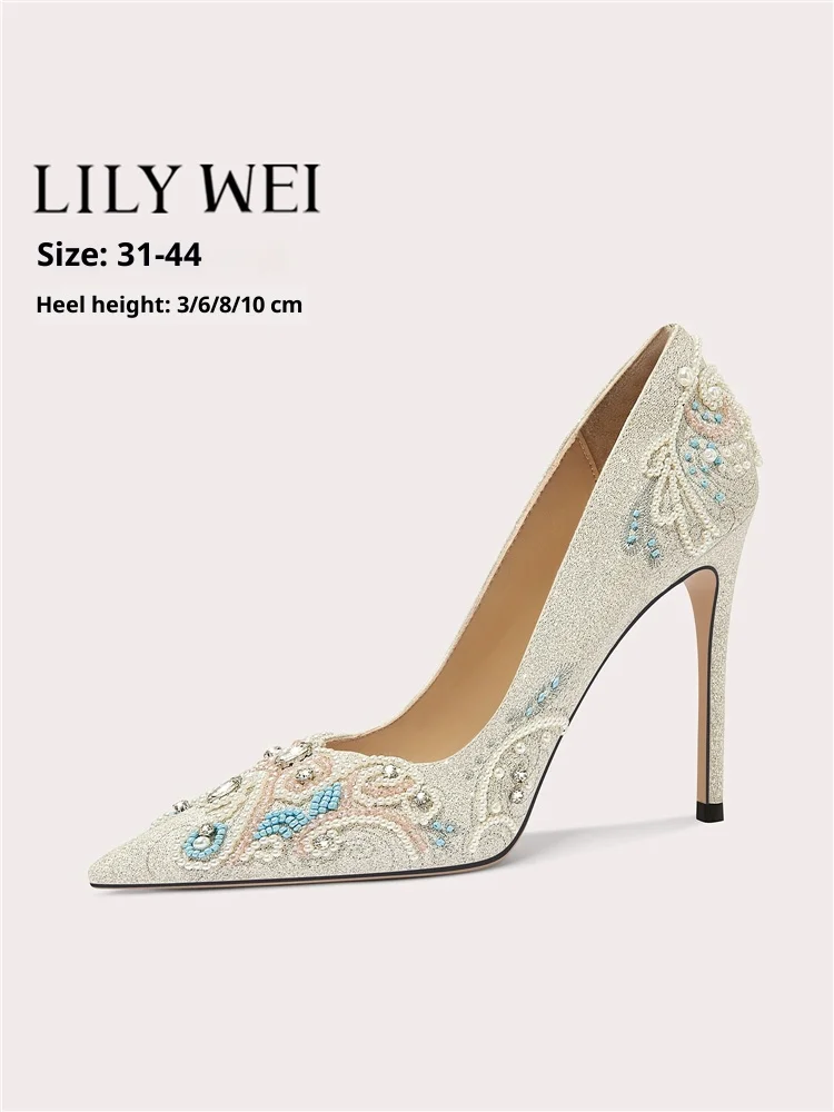 

Spring pointed shallow rhinestone beaded sequin wedding shoes banquet large size small size thin high-heeled women's shoes
