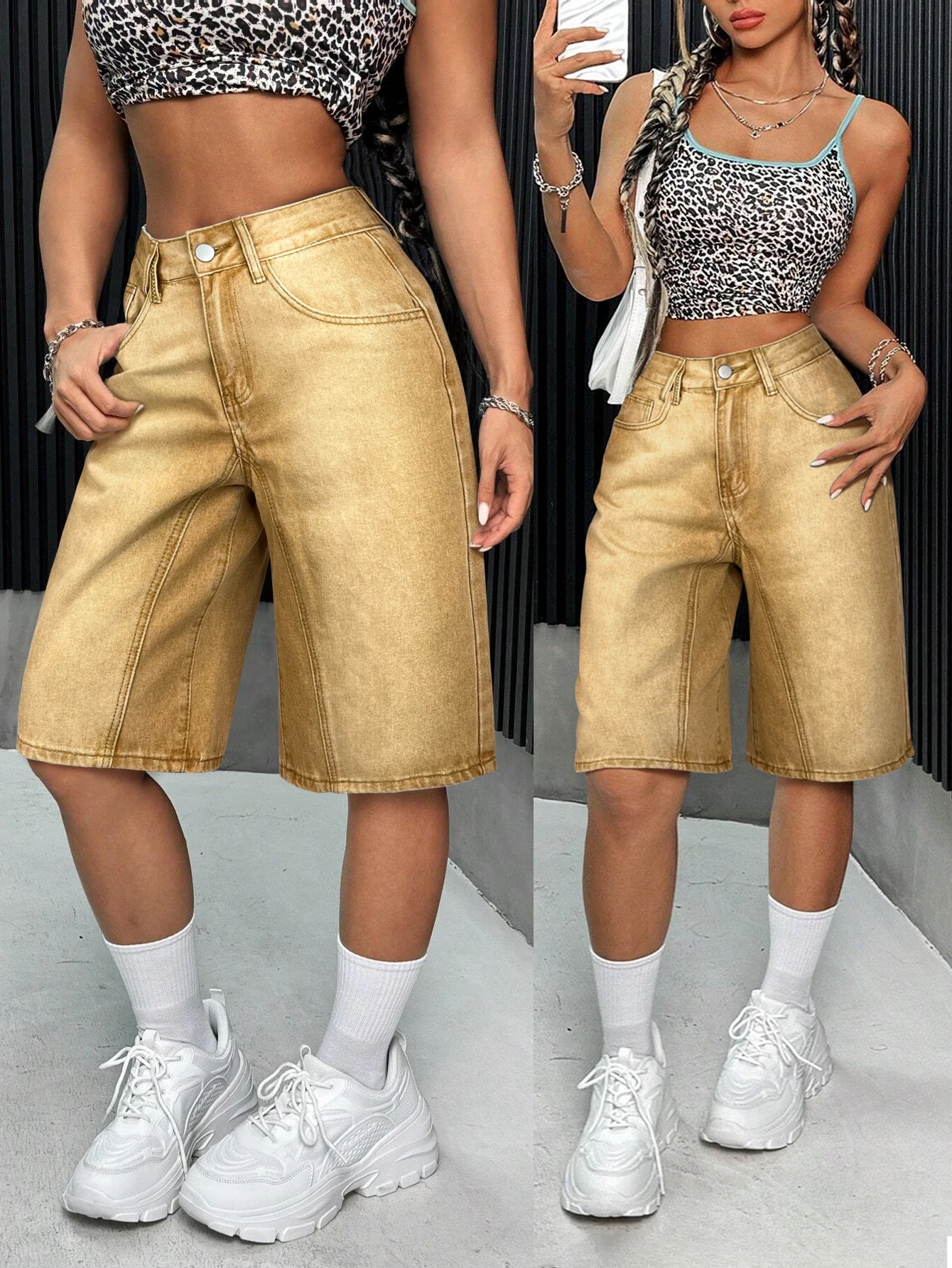 Pantaloncini di jeans Bermuda sfumati lavati vintage invecchiati Tasche inclinate a vita alta da donna Cuciture patchwork Pantaloni dritti larghi