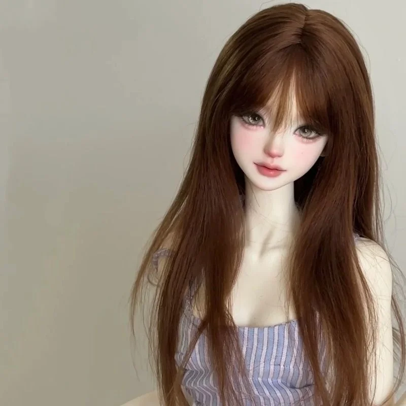 Bjd-Puppenperücke passt auf 1/3 1/4 1/6 Größe dunkelbraunes langes glattes Haar heiße Seidenpuppenzubehör