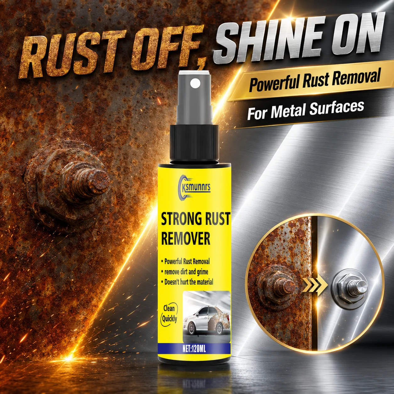 120ml Strong Rust Remover Spray, Wide Use for Gears, Chains, Bolts & Tools, Safe on Metal Surface