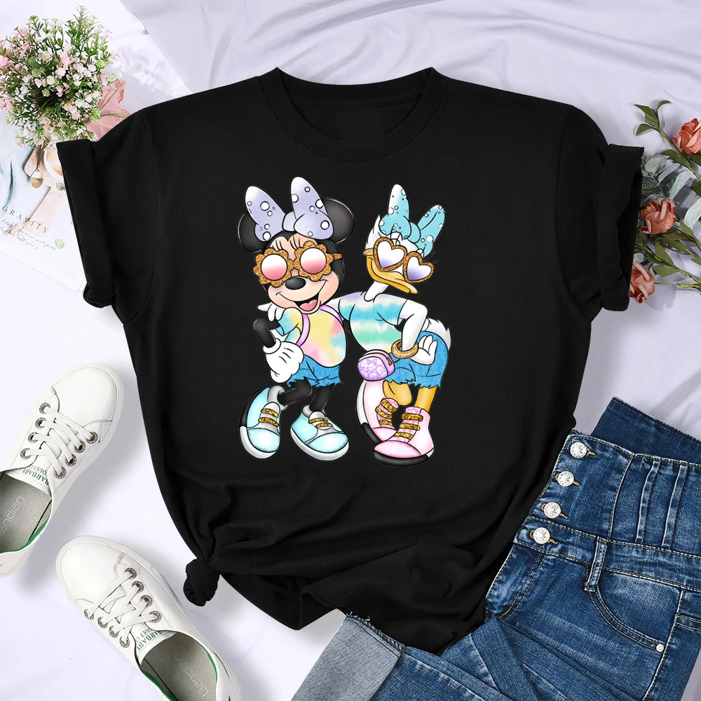 Disney 2025 New Popular Kawaidi Disney Print T-shirt Cartoon Loose Plus Size Women's Fun Top Fashion Women's Wear