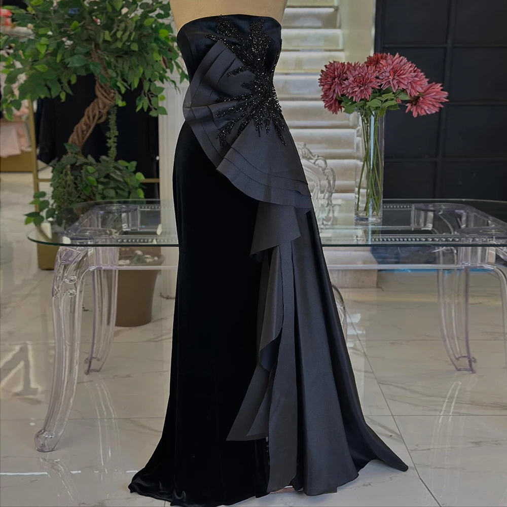 

Customized A-line Evening Dresses Floor-length Strapless Sleeveless Prom Gown Fashion Sequined Pleat Simple Draped Party Gown
