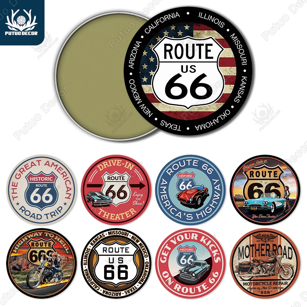 

Putuo Decor Route 66 Round Metal Signs Vintage Tin Plaque Nostalgic Wall Art Decor for Culb Garage Man Cave Home Hanging Plates
