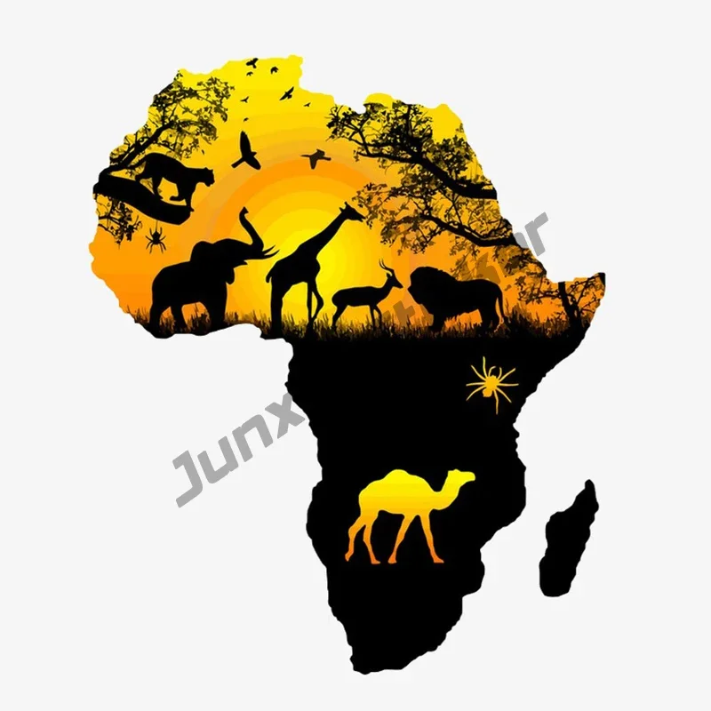 Calcomanía de vinilo con paisaje de mapa de África, pegatina de dibujos animados de animales de puesta de sol de África, calcomanía impermeable para