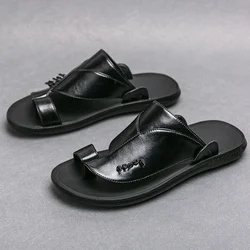 New Black Sandals Slippers for Men Brown Red Casual Sandals for Men Handmade Pu Leather Size 38-45