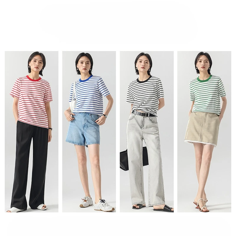 Spring and Summer New Basic Short Sleeved Top Contrasting Color  Thin Clothing Version Slimming Temperament Loose Fit T-shirt