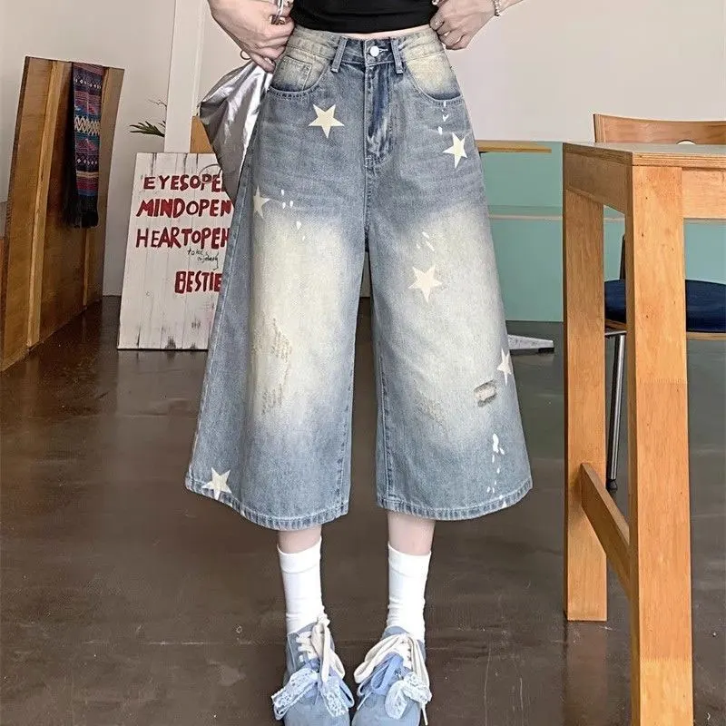 American Retro Distressed Star Capri Denim Pants Summer Wide Leg Female Clothing Button Wash Loose Casual Basic Straight Jeans