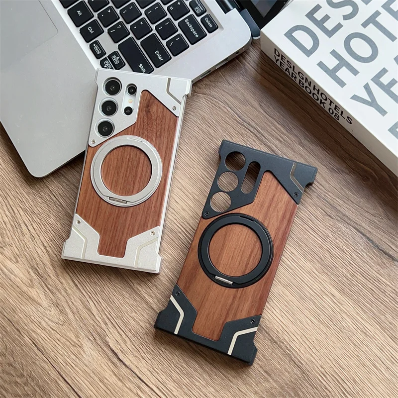 For Samsung Galaxy S22 S23 S25 S24 Ultra Walnut Wood Metal Borderless Armor Case 360° Rotating Magnetic Bracket Shockproof Cover