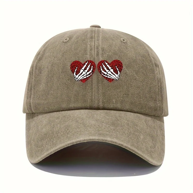 Baseballkappe mit Liebes- und Totenkopf-Aufdruck im Retro-Stil für Damen, verstellbarer, leichter Sonnenschutzhut
