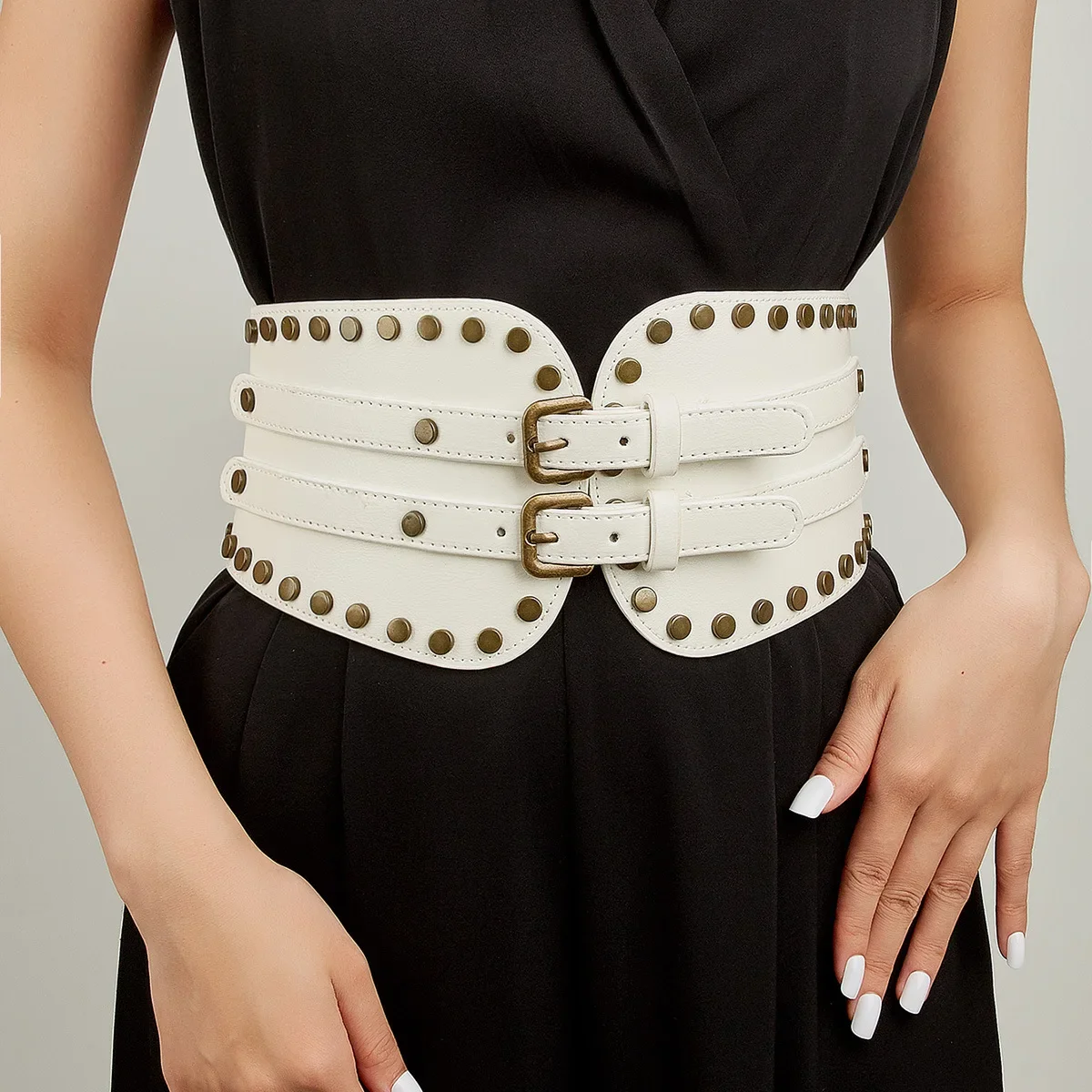 

Fashion Wide Belt New Metal Buckle Elastic Waistband Leather Rivet Ultra Wide Chain Belt Corset Belt for Women