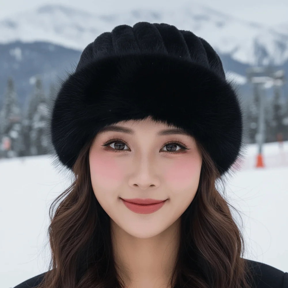 Vertical Texture Striped Fur Hat Fleece Lining Faux Fur Brim Puffy Bucket Cap Windproof Thermal Insulation Fluffy Winter Bonnet