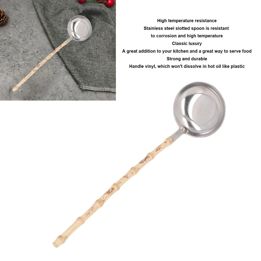 Essential 304 Rustless Steel Soup Ladle Bamboos Handle Heat Proof Hot Pot Ladle Anti Scalding Handle Spoon Home Dining