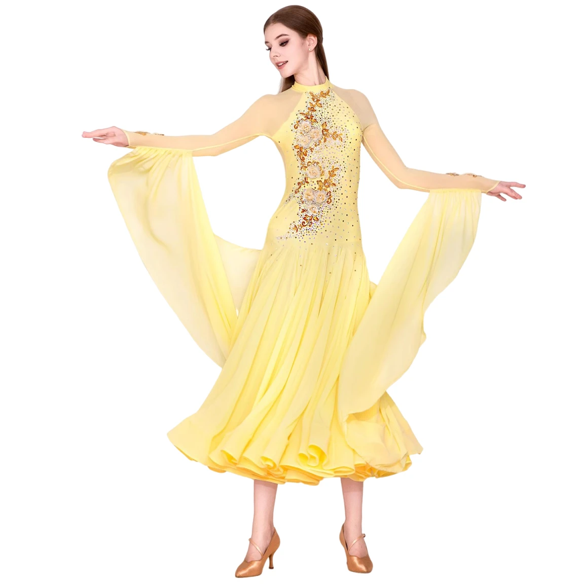 

Yellow Modern Dance Competition Dress For Woman Embroidery Pattern Waltz Dresses Standard Dance Dress Women Ballroom Costumes