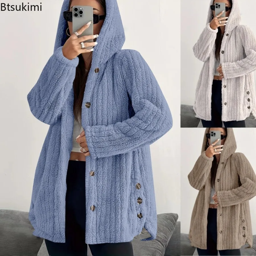 

Furry Coat Button Hooded Jacket Trendy Solid Color Jacket for Women Loose Casual Coats Women's Coats 2025 Winter Warm Jacket