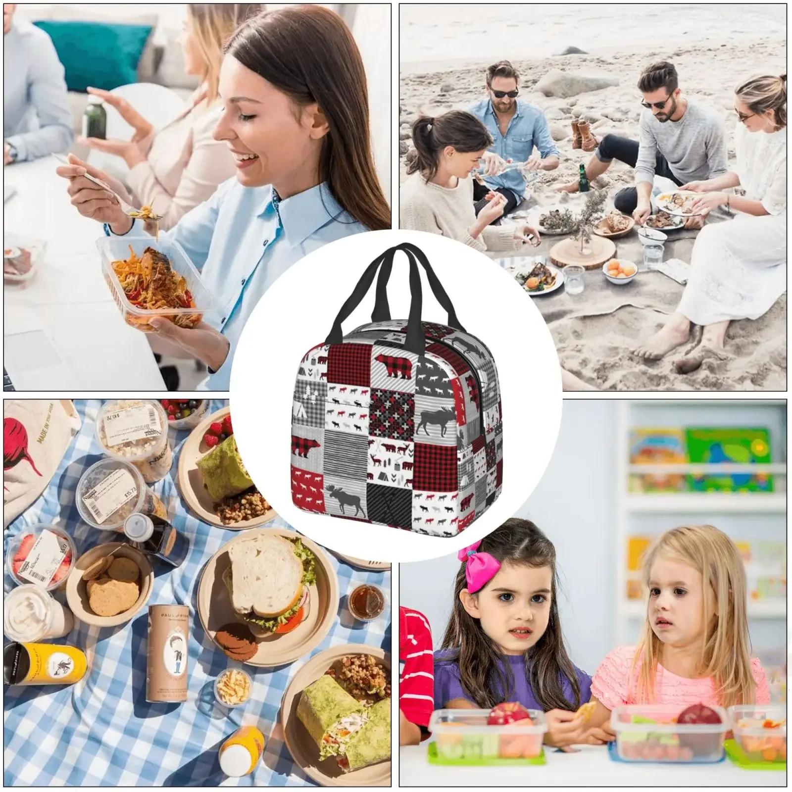 Bear Deer Checkered Pattern Lunch Bag for Girls Funny Lunch Box Fun Picnic Cooler Bag Portable Zipper Oxford Thermal Lunch Bags