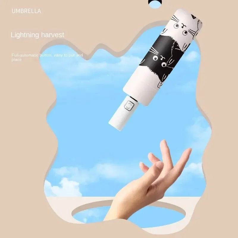 1pc Simple Cartoon Kittens Printed Black And White Automatic Umbrella, Sunny And Rainy Dual-use UV Protection Umbrella