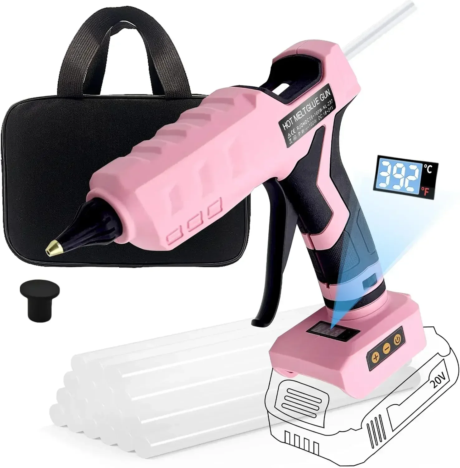 

100W Cordless Hot Glue Gun for Dewalt 20V MAX Battery with 20PCS Full Size Glue Sticks, Digital Temperature Adjustable High
