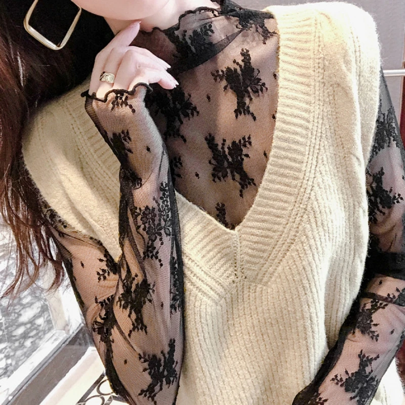 Women Half High Collar Mesh Bottomed Blouse T-shirt Lace Ear Edge Spring and Autumn Western-style Hollow Long Sleeve Lace Top