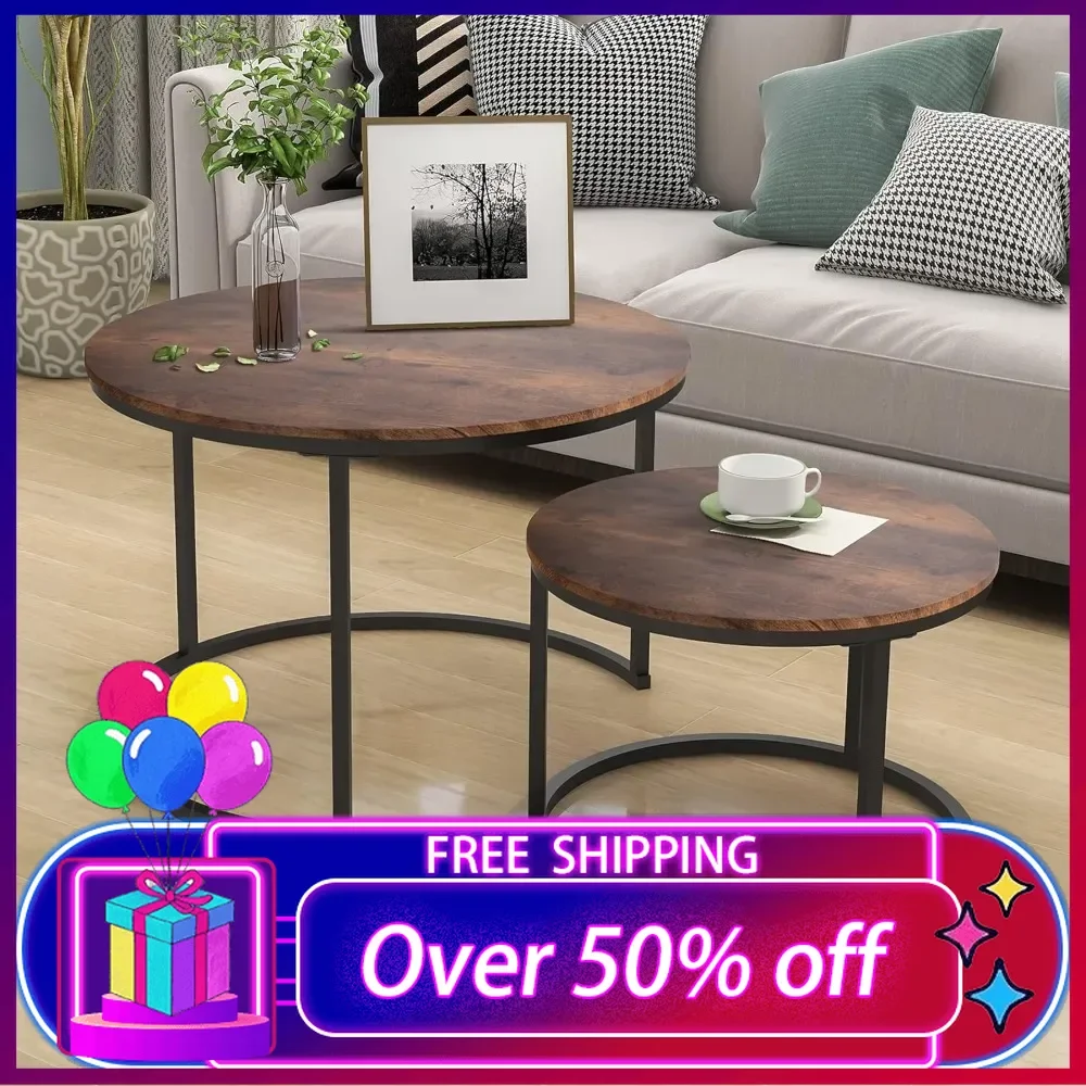 Industrial Round Coffee Table Set of 2 End Table for Living Room,Stacking Side Tables, Sturdy and Easy Assembly,Metal Frame