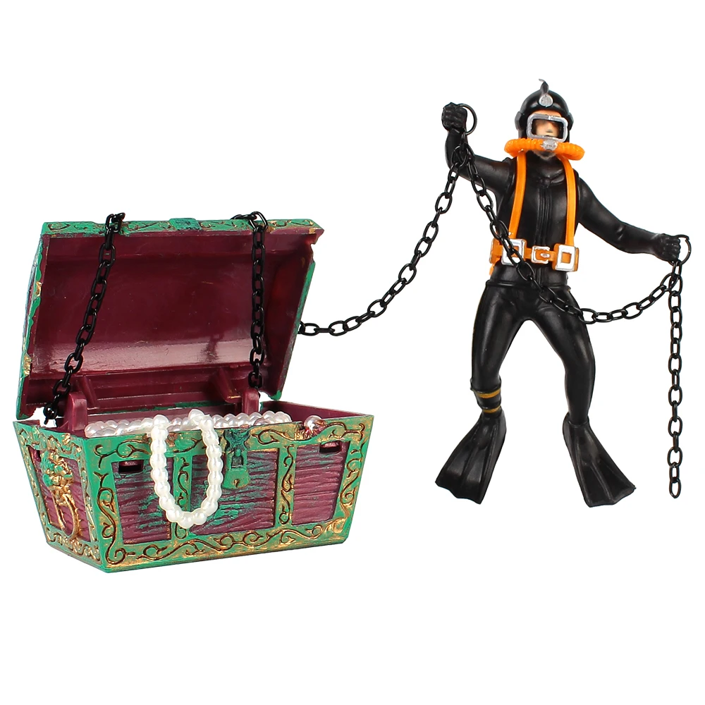 Diver Action Figure Treasure Chest Aquarium Decoration Accessories Fish Tank Ornament 1Pc Treasure Hunter