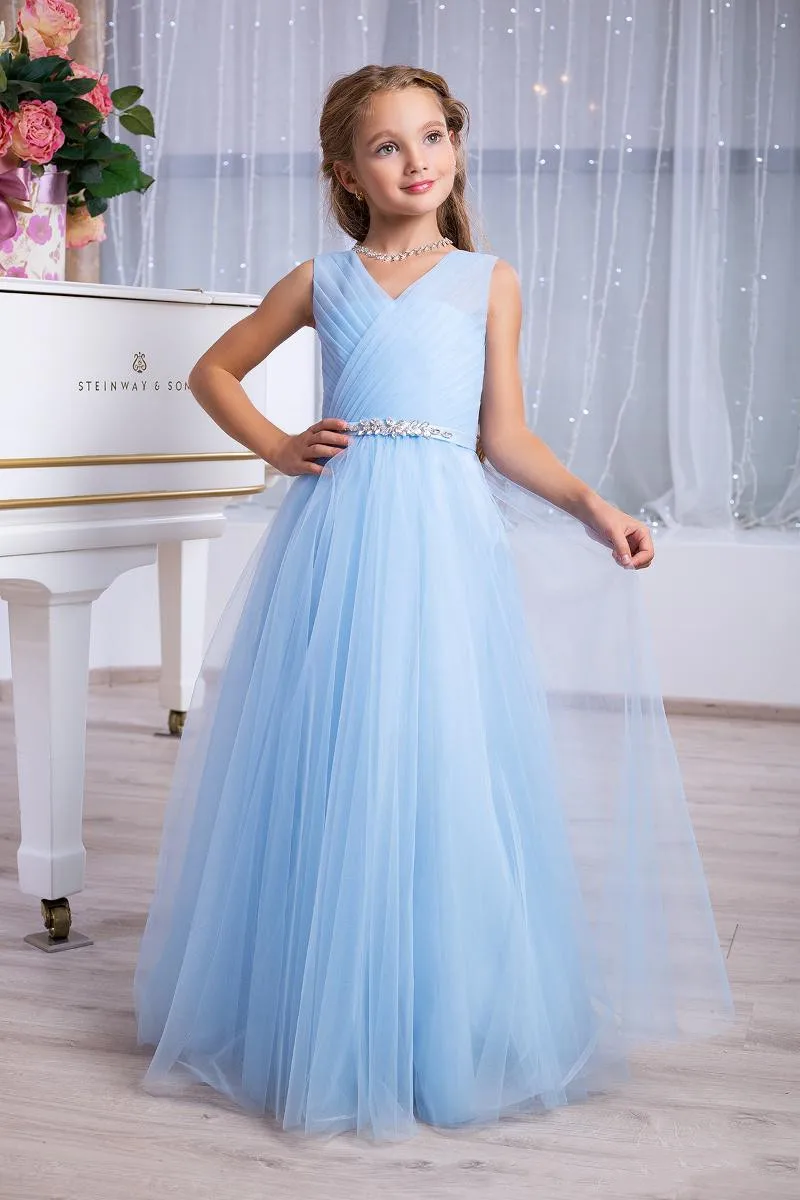 

Light Sky Blue & Blush Pink Little Girls Formal Event Wear Dresses Pleated V Neck Long Junior Bridesmaid Gowns Cute Flower