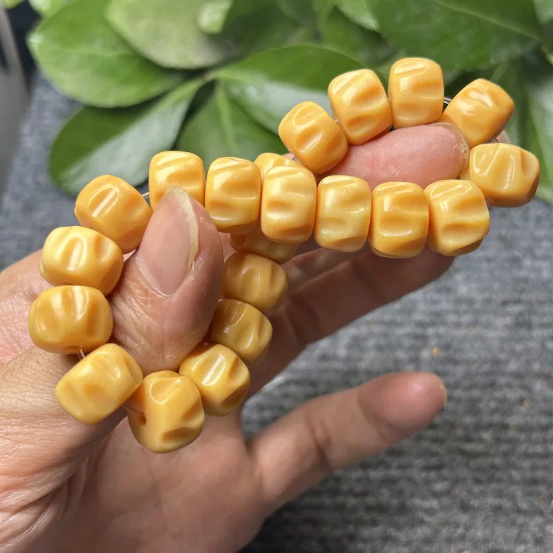 Beeswax Yellow Natural Antlers Carved Passion Fruit Seed Bracelet Highly Oily High Density108Beads Bracelet8*10*12mm