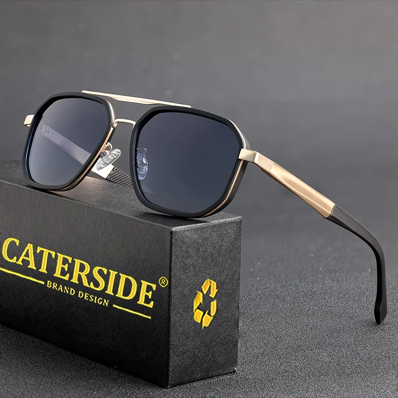 CATERSIDE Retro Polygonale Polarisierte Sonnenbrille für Herren, Punk-Metallrahmen, Flacher Oberteil, Doppelbrücke, Sonnenbrille zum Fahren und Angeln – Detail 2