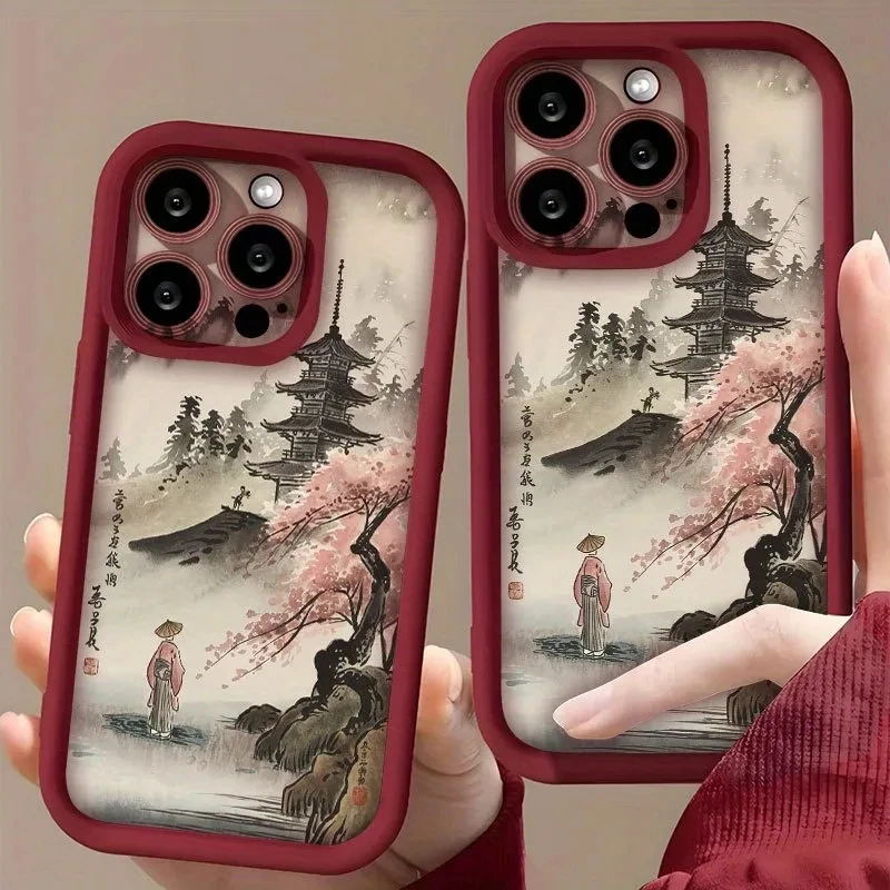 حافظة هاتف ناعمة على الطراز الياباني معبد وأزهار الكرز لهاتف آيفون 17 16 11 12 13 14 15 Pro Max XS X XR 7 8 Plus 16E #2