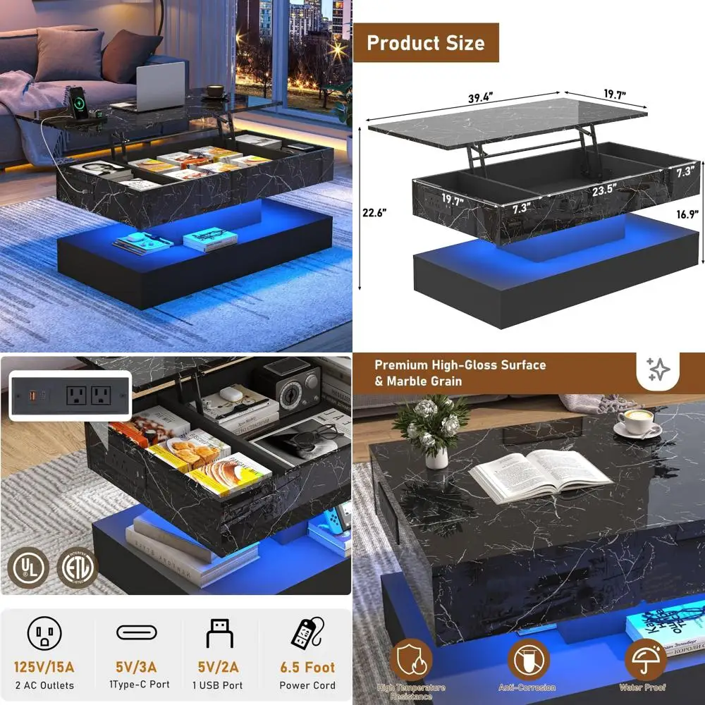 

Modern LED-Illuminated Lift Top Coffee Table with Charging Station and Hidden Storage for Large Living Rooms