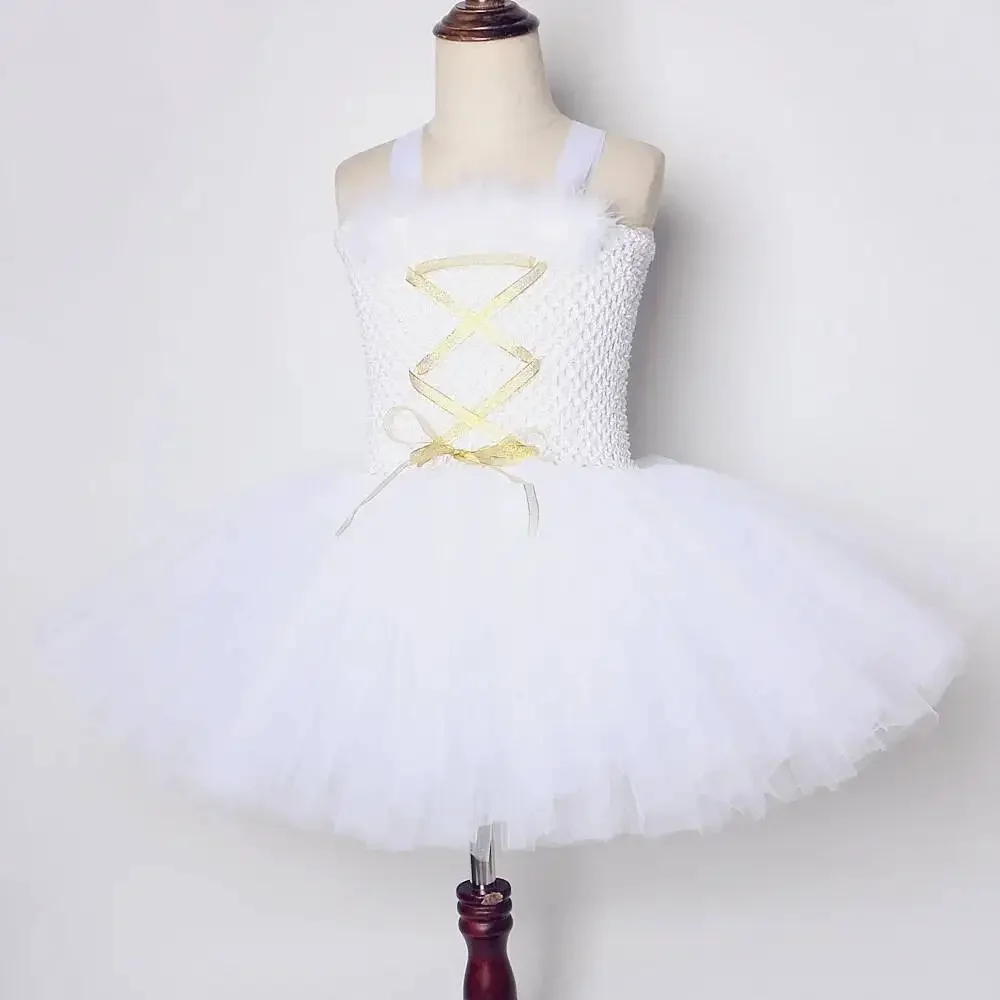 Weißes Engel-Fee-Kleid für Mädchen, Weihnachts- und Halloween-Kostüm mit Federflügeln, Kindergeburtstags- und Neujahrs-Party-Tutu-Outfit – Detail 2