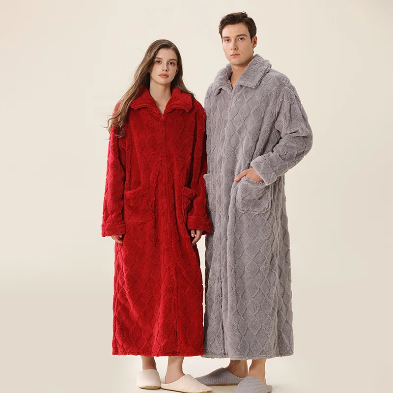 두꺼운 산호 양털 지퍼 기모노 가운 여성과 남성 겨울 잠옷 따뜻한 플란넬 잠옷 플러스 사이즈 홈 의류 잠옷