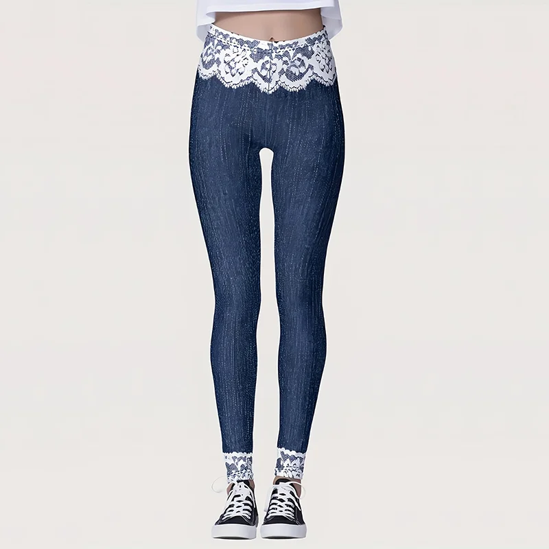 Women's Elegant and Fashionable Floral Print Faux Denim Leggings, Stylish Basic Layer Pants