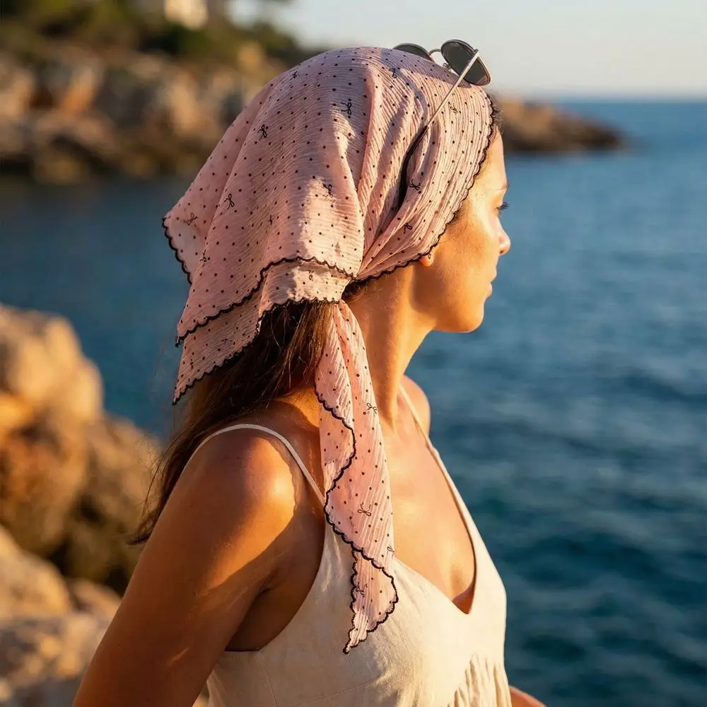 

French Polka Dot Triangle Headscarf Pastoral Sun Protection Shirt Extender Polyester Bow Headband Turban Girls Accessory