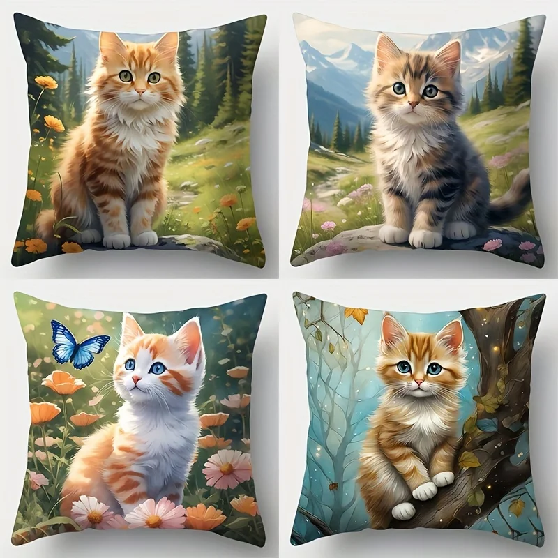 4Pcs Cute Kitten Pillow Covers 45x45cm Double-sided Printed Cushion Cases Cat Animal Home Decor Throw Pillows No Insert
