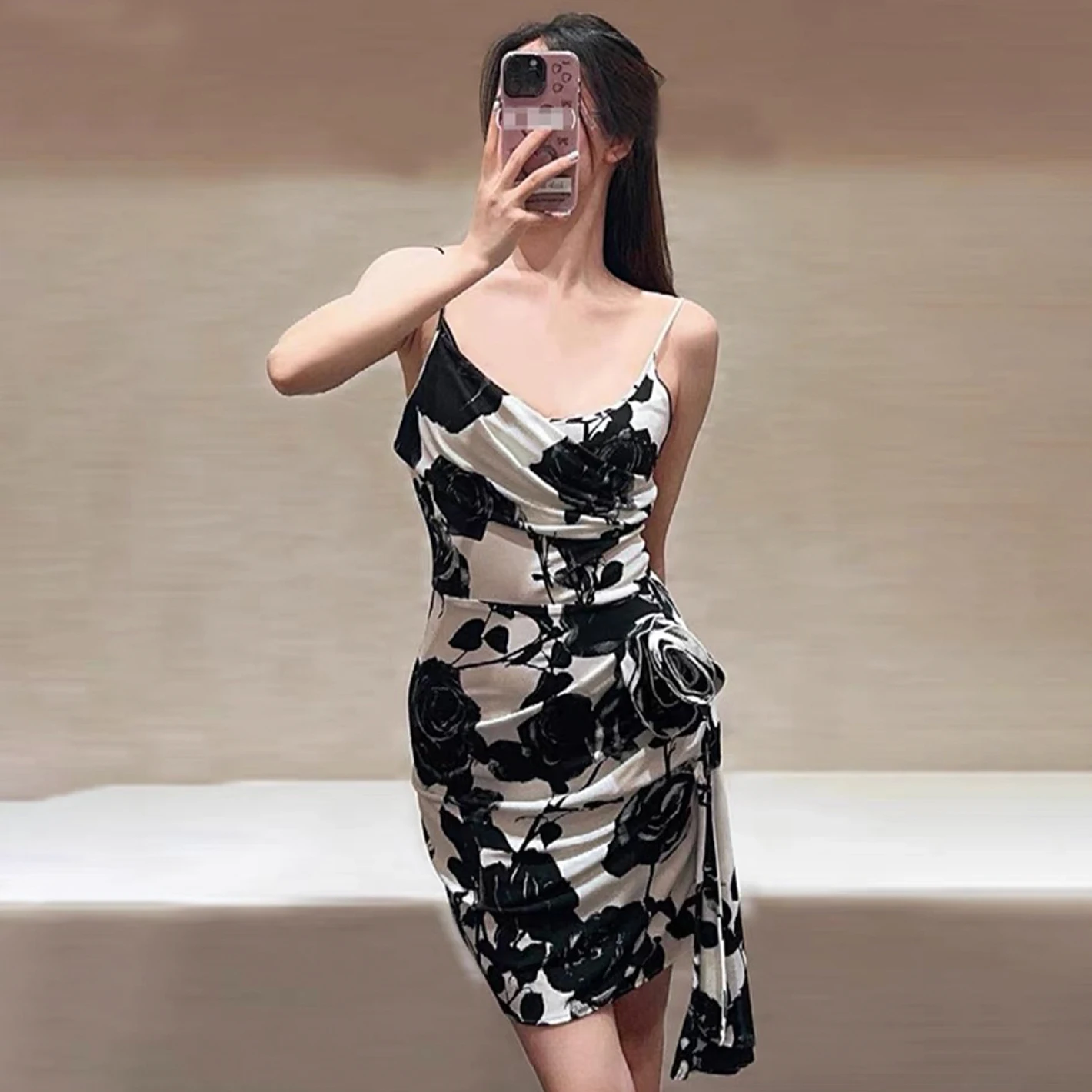 

NIGO Women's Summer Fashion Black And White Rose Print Round Neck Zipper Short Sleeveless Loose Dress Ngvp #nigo8511